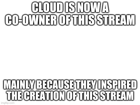 Blank White Template | CLOUD IS NOW A CO-OWNER OF THIS STREAM; MAINLY BECAUSE THEY INSPIRED THE CREATION OF THIS STREAM | image tagged in blank white template | made w/ Imgflip meme maker