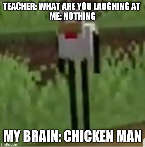 Cursed Minecraft chicken | TEACHER: WHAT ARE YOU LAUGHING AT 
ME: NOTHING; MY BRAIN: CHICKEN MAN | image tagged in cursed minecraft chicken | made w/ Imgflip meme maker
