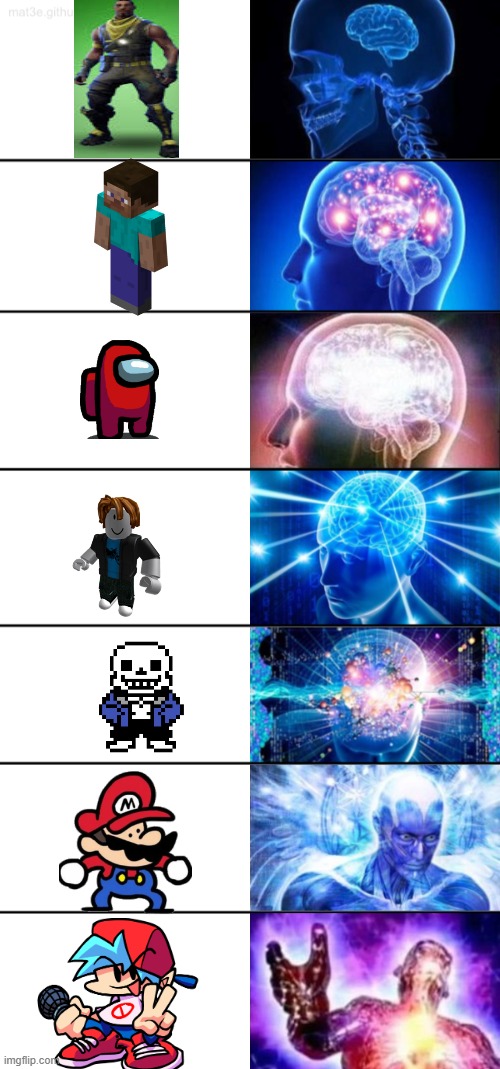 Expading Brain (video games version) (HUMOR!) | image tagged in 7-tier expanding brain | made w/ Imgflip meme maker