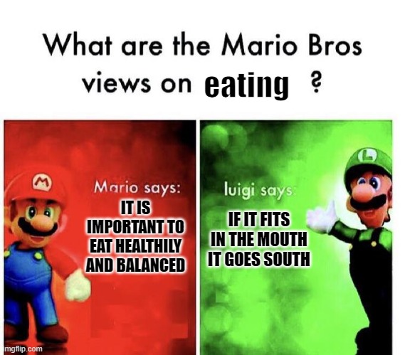 Luigi likes crocodile eating tendencies | eating; IT IS IMPORTANT TO EAT HEALTHILY AND BALANCED; IF IT FITS IN THE MOUTH IT GOES SOUTH | image tagged in mario bros views,mario,luigi,eating,crocodile,memes | made w/ Imgflip meme maker