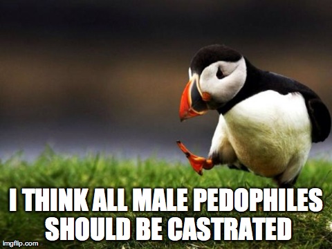 Unpopular Opinion Puffin Meme | I THINK ALL MALE PEDOPHILES SHOULD BE CASTRATED | image tagged in unpopular opinion puffin,AdviceAnimals | made w/ Imgflip meme maker