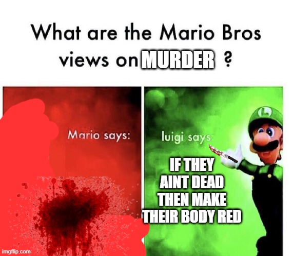 Mario Bros Views | MURDER; IF THEY AINT DEAD THEN MAKE THEIR BODY RED | image tagged in mario bros views | made w/ Imgflip meme maker