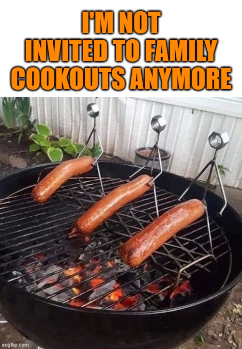 I'M NOT INVITED TO FAMILY COOKOUTS ANYMORE | image tagged in spring,grilling,hotdogs,grill,family,friends | made w/ Imgflip meme maker