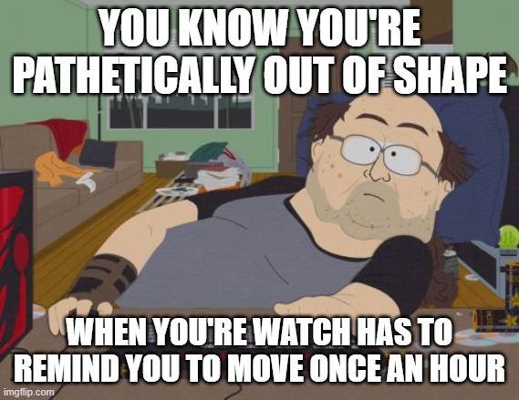 RPG Fan Meme | YOU KNOW YOU'RE PATHETICALLY OUT OF SHAPE; WHEN YOU'RE WATCH HAS TO REMIND YOU TO MOVE ONCE AN HOUR | image tagged in memes,rpg fan | made w/ Imgflip meme maker