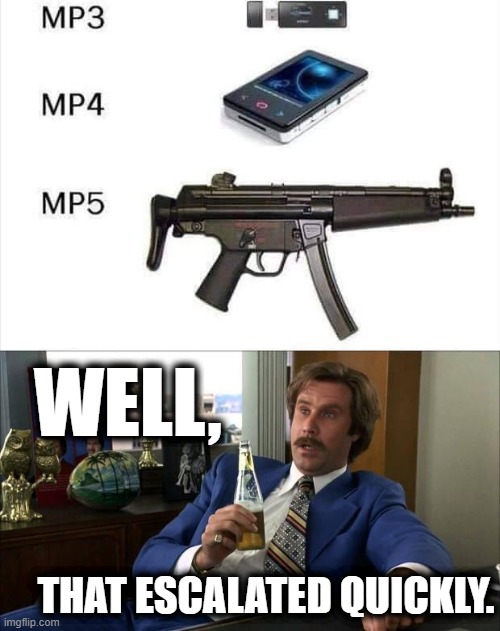 well that escalated quickly | WELL, THAT ESCALATED QUICKLY. | image tagged in mp3 mp4 mp5,ron burgundy,machine gun,guns,music,songs | made w/ Imgflip meme maker