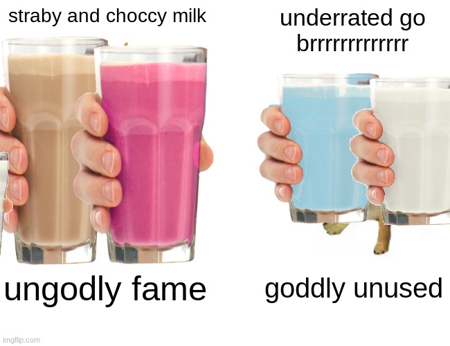 Buff Doge vs. Cheems | straby and choccy milk; underrated go brrrrrrrrrrrrr; ungodly fame; goddly unused | image tagged in memes,have some choccy milk,straby milk,blueberry,milk,vanilla | made w/ Imgflip meme maker
