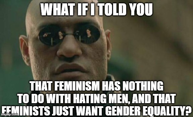 Matrix Morpheus | WHAT IF I TOLD YOU; THAT FEMINISM HAS NOTHING TO DO WITH HATING MEN, AND THAT FEMINISTS JUST WANT GENDER EQUALITY? | image tagged in memes,matrix morpheus,feminism | made w/ Imgflip meme maker