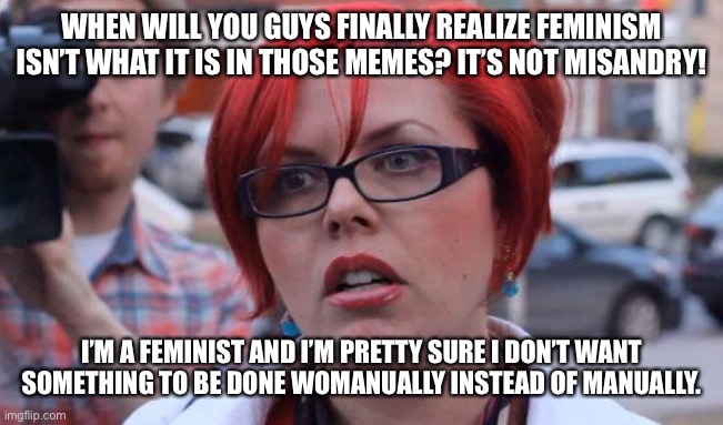 You imgflippers don’t know what feminism is. | WHEN WILL YOU GUYS FINALLY REALIZE FEMINISM ISN’T WHAT IT IS IN THOSE MEMES? IT’S NOT MISANDRY! I’M A FEMINIST AND I’M PRETTY SURE I DON’T WANT SOMETHING TO BE DONE WOMANUALLY INSTEAD OF MANUALLY. | image tagged in angry feminist,feminism,feminist,misandry | made w/ Imgflip meme maker
