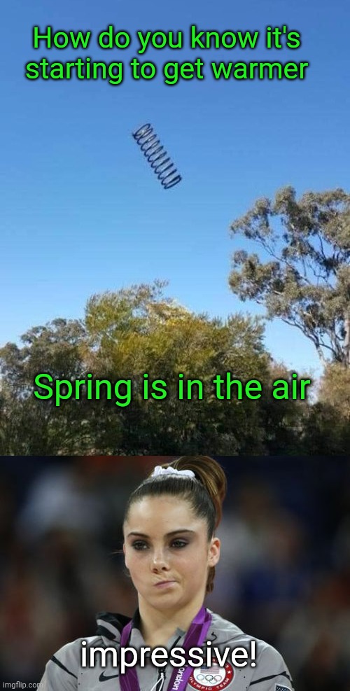 Spring is here | How do you know it's starting to get warmer; Spring is in the air; impressive! | image tagged in memes,mckayla maroney not impressed,spring,funny memes,memes | made w/ Imgflip meme maker