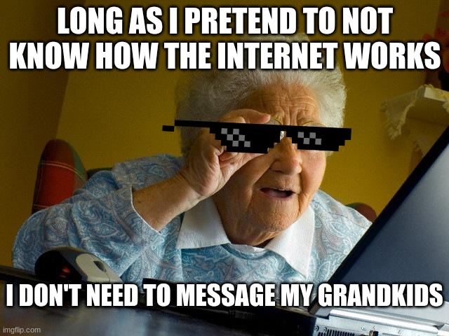 Grandma Finds The Internet | LONG AS I PRETEND TO NOT KNOW HOW THE INTERNET WORKS; I DON'T NEED TO MESSAGE MY GRANDKIDS | image tagged in memes,grandma finds the internet | made w/ Imgflip meme maker