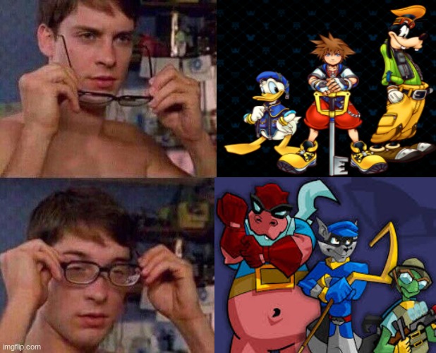 Sly is Sora, Murray is Goofy, Bentley is Donald. | image tagged in kingdom hearts,sly cooper | made w/ Imgflip meme maker