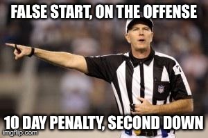 FALSE START, ON THE OFFENSE 10 DAY PENALTY, SECOND DOWN | image tagged in referee,AdviceAnimals | made w/ Imgflip meme maker