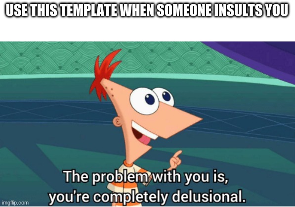 The Problem with you is, you're completely delusional | USE THIS TEMPLATE WHEN SOMEONE INSULTS YOU | image tagged in the problem with you is you're completely delusional | made w/ Imgflip meme maker