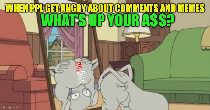 Flip myths: some memes and comments tickles to prostate and require a enema | WHAT’S UP YOUR A$$? WHEN PPL GET ANGRY ABOUT COMMENTS AND MEMES | image tagged in roger family guy mirror | made w/ Imgflip meme maker