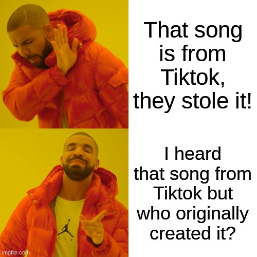 Instead of this, say: | That song is from Tiktok, they stole it! I heard that song from Tiktok but who originally created it? | image tagged in memes,drake hotline bling | made w/ Imgflip meme maker