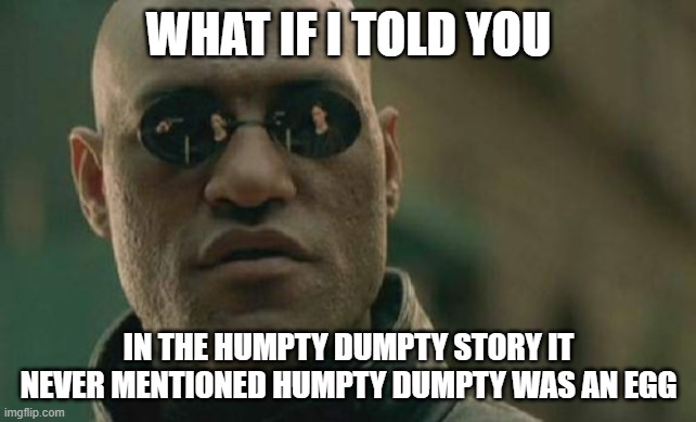 Matrix Morpheus | WHAT IF I TOLD YOU; IN THE HUMPTY DUMPTY STORY IT NEVER MENTIONED HUMPTY DUMPTY WAS AN EGG | image tagged in memes,matrix morpheus | made w/ Imgflip meme maker