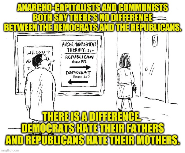 IT'S A JOKE, CALM DOWN | ANARCHO-CAPITALISTS AND COMMUNISTS BOTH SAY THERE'S NO DIFFERENCE BETWEEN THE DEMOCRATS AND THE REPUBLICANS. THERE IS A DIFFERENCE.  DEMOCRATS HATE THEIR FATHERS AND REPUBLICANS HATE THEIR MOTHERS. | made w/ Imgflip meme maker
