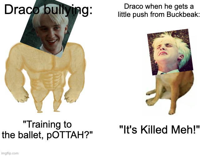 Wait till my dad hears about this | Draco bullying:; Draco when he gets a little push from Buckbeak:; "Training to the ballet, pOTTAH?"; "It's Killed Meh!" | image tagged in memes,buff doge vs cheems,draco malfoy,harry potter | made w/ Imgflip meme maker
