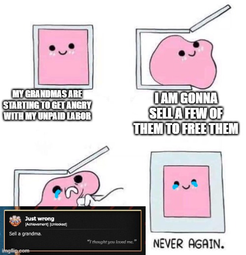 Never again | MY GRANDMAS ARE STARTING TO GET ANGRY WITH MY UNPAID LABOR; I AM GONNA SELL A FEW OF THEM TO FREE THEM | image tagged in never again | made w/ Imgflip meme maker