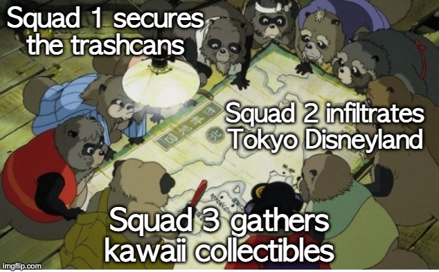 The plan | Squad 1 secures the trashcans; Squad 2 infiltrates Tokyo Disneyland; Squad 3 gathers kawaii collectibles | image tagged in tanuki,cute,plan,map | made w/ Imgflip meme maker