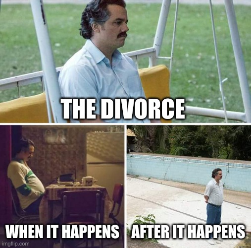 Sad Pablo Escobar | THE DIVORCE; WHEN IT HAPPENS; AFTER IT HAPPENS | image tagged in memes,sad pablo escobar | made w/ Imgflip meme maker