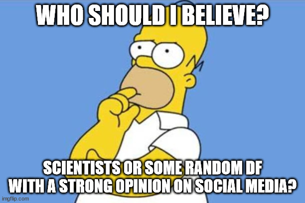 Homer thinking | WHO SHOULD I BELIEVE? SCIENTISTS OR SOME RANDOM DF WITH A STRONG OPINION ON SOCIAL MEDIA? | image tagged in homer thinking,opinion,internet,internet trolls | made w/ Imgflip meme maker