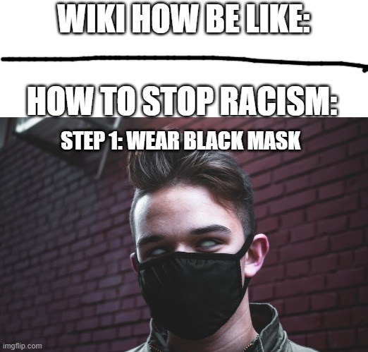 person with black mask | WIKI HOW BE LIKE:; HOW TO STOP RACISM:; STEP 1: WEAR BLACK MASK | image tagged in person with black mask | made w/ Imgflip meme maker