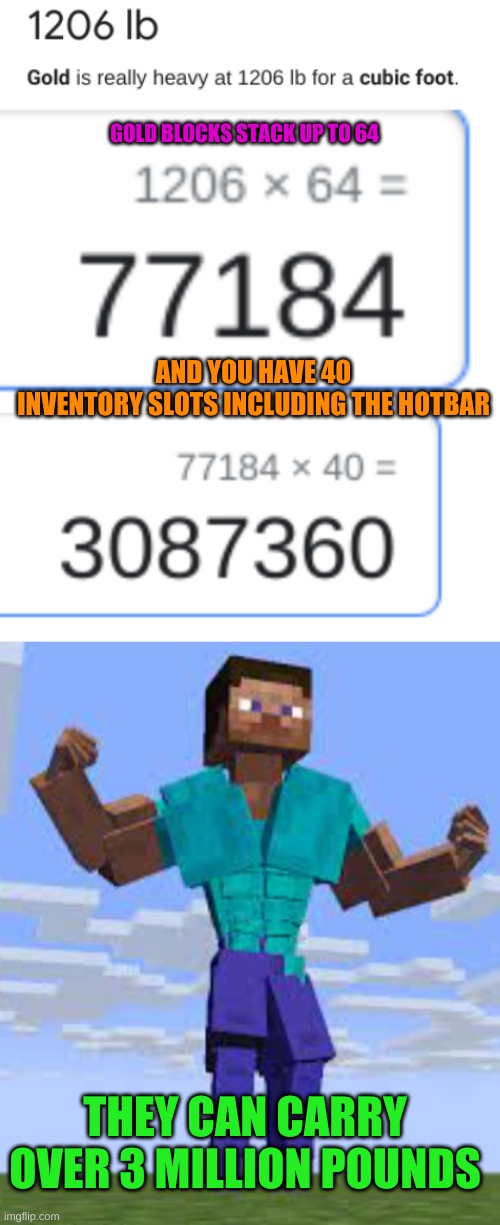 GOLD BLOCKS STACK UP TO 64; AND YOU HAVE 40 INVENTORY SLOTS INCLUDING THE HOTBAR; THEY CAN CARRY OVER 3 MILLION POUNDS | image tagged in funny,minecraft,steve | made w/ Imgflip meme maker