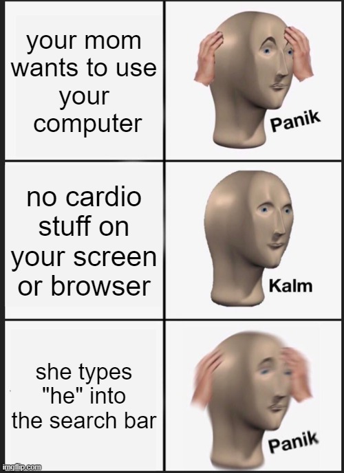 Incognito mode is our second-best friend | your mom
wants to use
 your 
 computer; no cardio stuff on your screen or browser; she types "he" into the search bar | image tagged in memes,panik kalm panik | made w/ Imgflip meme maker
