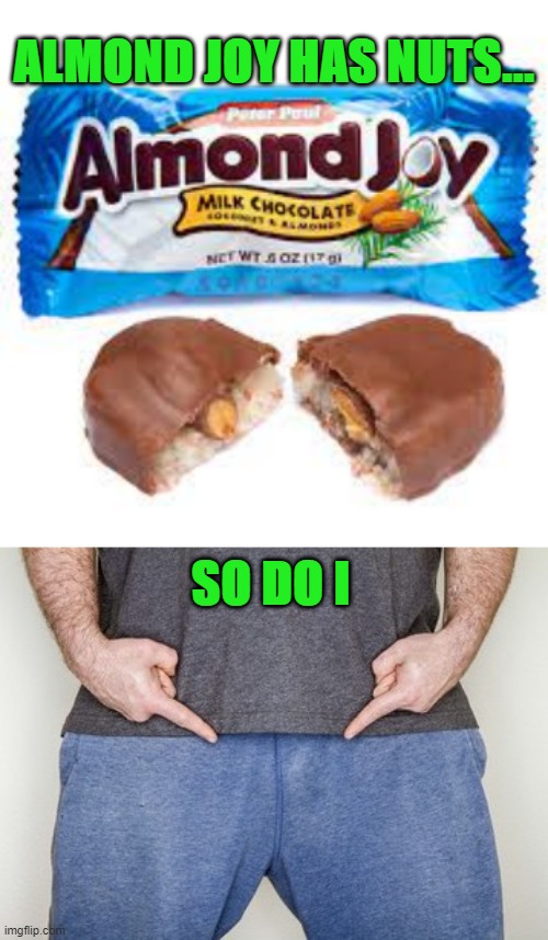 Almond Joy has nuts, so do I | ALMOND JOY HAS NUTS... SO DO I | image tagged in funny memes,almond joy has nuts,balls,testicles,memes,i have big balls and i cannot lie | made w/ Imgflip meme maker