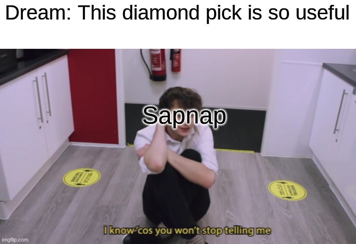 5v1 Manhunt | Dream: This diamond pick is so useful; Sapnap | image tagged in i know 'cos you wont stop telling me | made w/ Imgflip meme maker