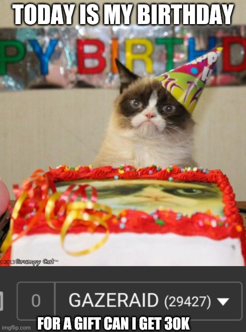 TODAY IS MY BIRTHDAY; FOR A GIFT CAN I GET 30K | image tagged in memes,grumpy cat birthday | made w/ Imgflip meme maker