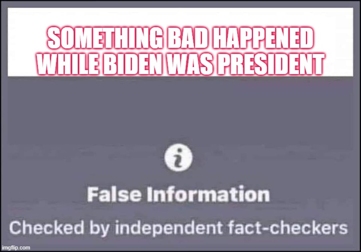 false information checked by independent fact-checkers | SOMETHING BAD HAPPENED WHILE BIDEN WAS PRESIDENT | image tagged in false information checked by independent fact-checkers | made w/ Imgflip meme maker