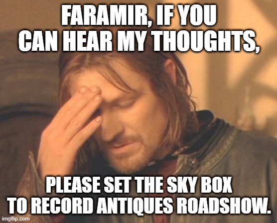 Boromir Antiques Roadshow | FARAMIR, IF YOU CAN HEAR MY THOUGHTS, PLEASE SET THE SKY BOX TO RECORD ANTIQUES ROADSHOW. | image tagged in memes,frustrated boromir | made w/ Imgflip meme maker