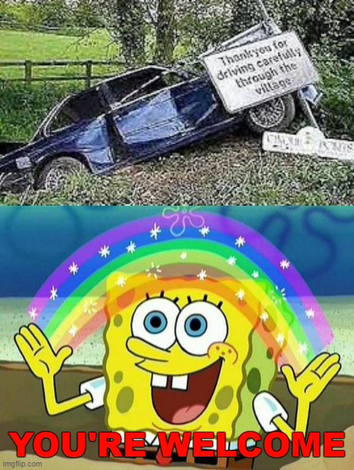 you're welcome says spongebob | YOU'RE WELCOME | image tagged in spongebob rainbow,ironic,spongebob,driving | made w/ Imgflip meme maker