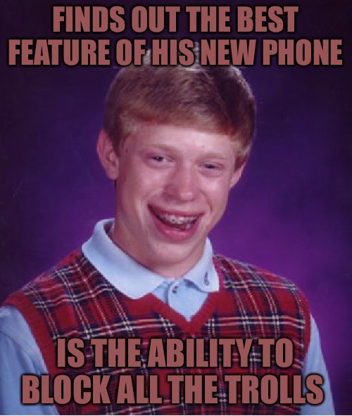 Bad Luck Brian | FINDS OUT THE BEST FEATURE OF HIS NEW PHONE; IS THE ABILITY TO BLOCK ALL THE TROLLS | image tagged in memes,bad luck brian,trolls,internet trolls,bad memes,funny memes | made w/ Imgflip meme maker