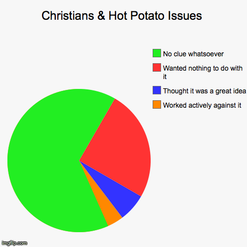 Christians & Hot Potato Issues | Worked actively against it, Thought it was a great idea, Wanted nothing to do with it, No clue whatsoever | image tagged in funny,pie charts | made w/ Imgflip chart maker