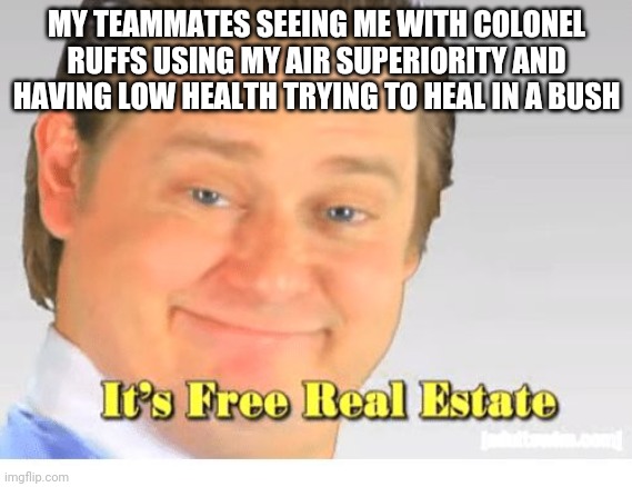 In case u didn't know it pretty much makes a green circle for teammates to gain 30 each second and is visible thru bushes | MY TEAMMATES SEEING ME WITH COLONEL RUFFS USING MY AIR SUPERIORITY AND HAVING LOW HEALTH TRYING TO HEAL IN A BUSH | image tagged in it's free real estate | made w/ Imgflip meme maker