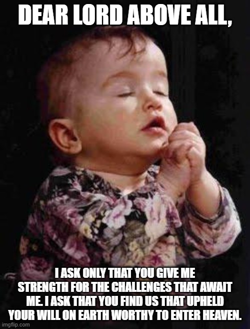 In Jesus name we pray | DEAR LORD ABOVE ALL, I ASK ONLY THAT YOU GIVE ME STRENGTH FOR THE CHALLENGES THAT AWAIT ME. I ASK THAT YOU FIND US THAT UPHELD YOUR WILL ON EARTH WORTHY TO ENTER HEAVEN. | image tagged in baby praying,q | made w/ Imgflip meme maker