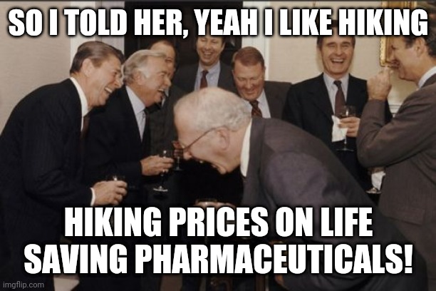 Laughing Men In Suits | SO I TOLD HER, YEAH I LIKE HIKING; HIKING PRICES ON LIFE SAVING PHARMACEUTICALS! | image tagged in memes,laughing men in suits,privilege,'murica | made w/ Imgflip meme maker