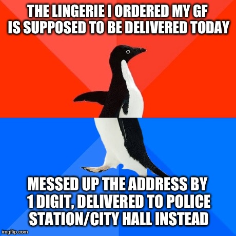 Socially Awesome Awkward Penguin Meme | THE LINGERIE I ORDERED MY GF IS SUPPOSED TO BE DELIVERED TODAY MESSED UP THE ADDRESS BY 1 DIGIT, DELIVERED TO POLICE STATION/CITY HALL INSTE | image tagged in memes,socially awesome awkward penguin,AdviceAnimals | made w/ Imgflip meme maker