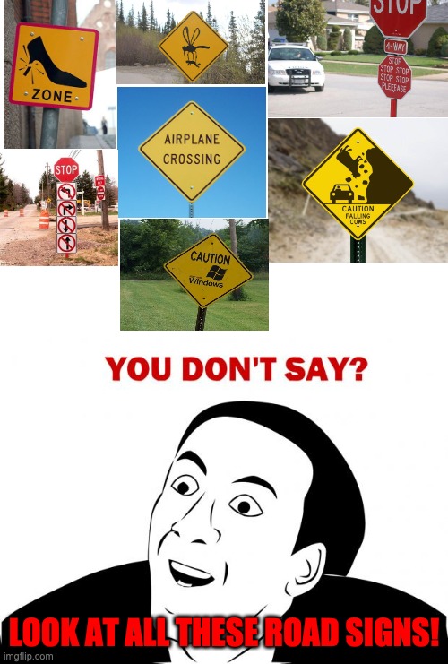 look at dem road signs (they actually are real!) | LOOK AT ALL THESE ROAD SIGNS! | image tagged in memes,you don't say | made w/ Imgflip meme maker