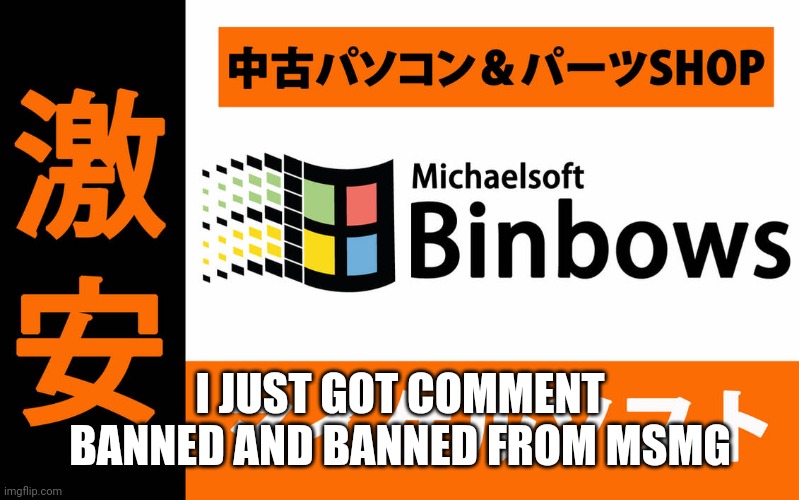 Binbows | I JUST GOT COMMENT BANNED AND BANNED FROM MSMG | image tagged in binbows | made w/ Imgflip meme maker