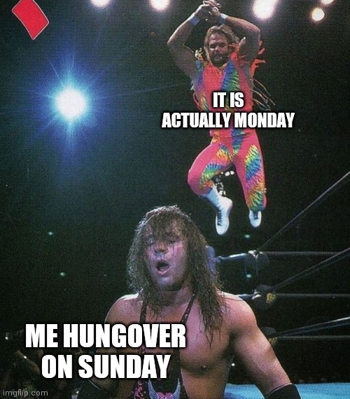 Savage Monday | IT IS ACTUALLY MONDAY; ME HUNGOVER ON SUNDAY | image tagged in wwe,monday,macho man randy savage | made w/ Imgflip meme maker