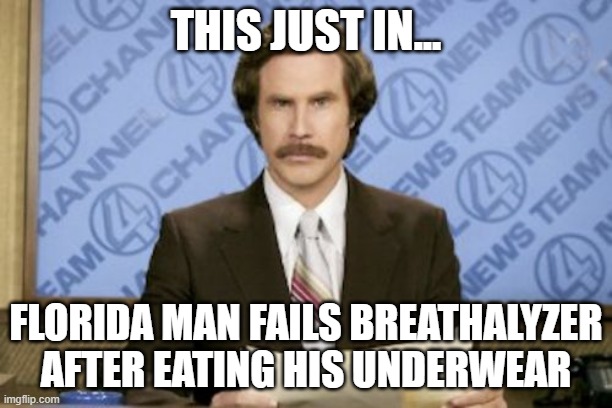 Ron Burgundy | THIS JUST IN... FLORIDA MAN FAILS BREATHALYZER AFTER EATING HIS UNDERWEAR | image tagged in memes,ron burgundy | made w/ Imgflip meme maker
