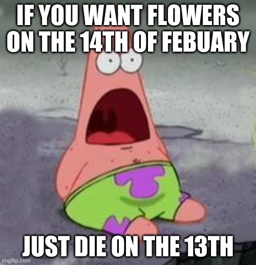 Suprised Patrick | IF YOU WANT FLOWERS ON THE 14TH OF FEBUARY; JUST DIE ON THE 13TH | image tagged in suprised patrick | made w/ Imgflip meme maker