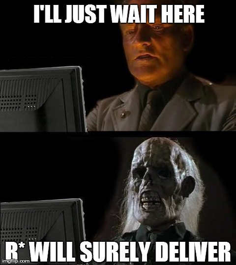 I'll Just Wait Here Meme | I'LL JUST WAIT HERE R* WILL SURELY DELIVER | image tagged in memes,ill just wait here | made w/ Imgflip meme maker