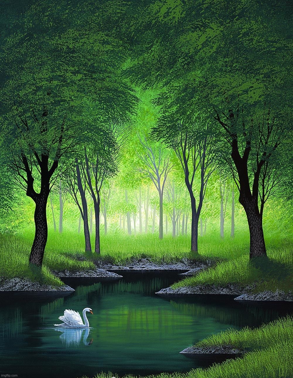 Pond, Duck, Green | image tagged in landscape_images stream,landscapes,artwork,rick75230 | made w/ Imgflip meme maker