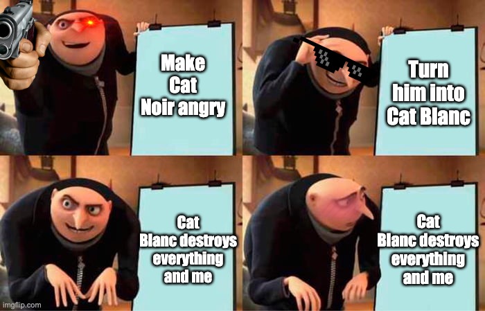 HawkMoth's Plan (Cat Blanc) | Make Cat Noir angry; Turn him into Cat Blanc; Cat Blanc destroys everything and me; Cat Blanc destroys everything and me | image tagged in memes,gru's plan,mlb,miraculous,miraculous ladybug | made w/ Imgflip meme maker