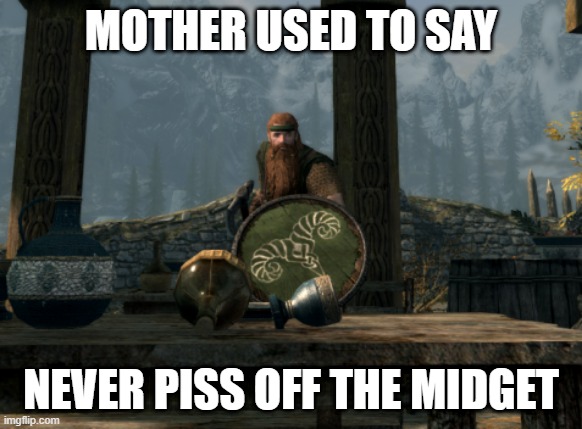 Angry midget | MOTHER USED TO SAY; NEVER PISS OFF THE MIDGET | image tagged in dwarf,7 dwarfs,skyrim | made w/ Imgflip meme maker